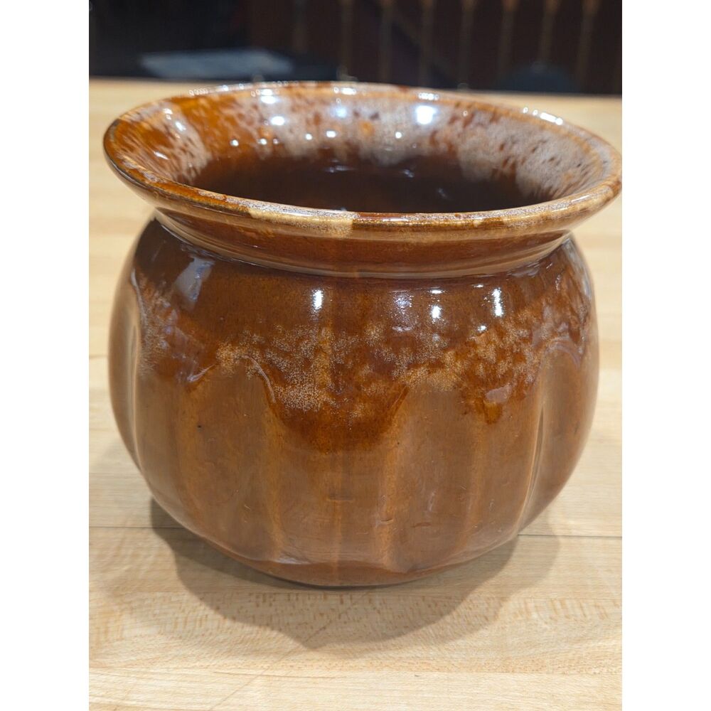 Vintage Hull Pottery Drip Glaze Brown Ribbed Pumpkin Planter Pot 5.25"